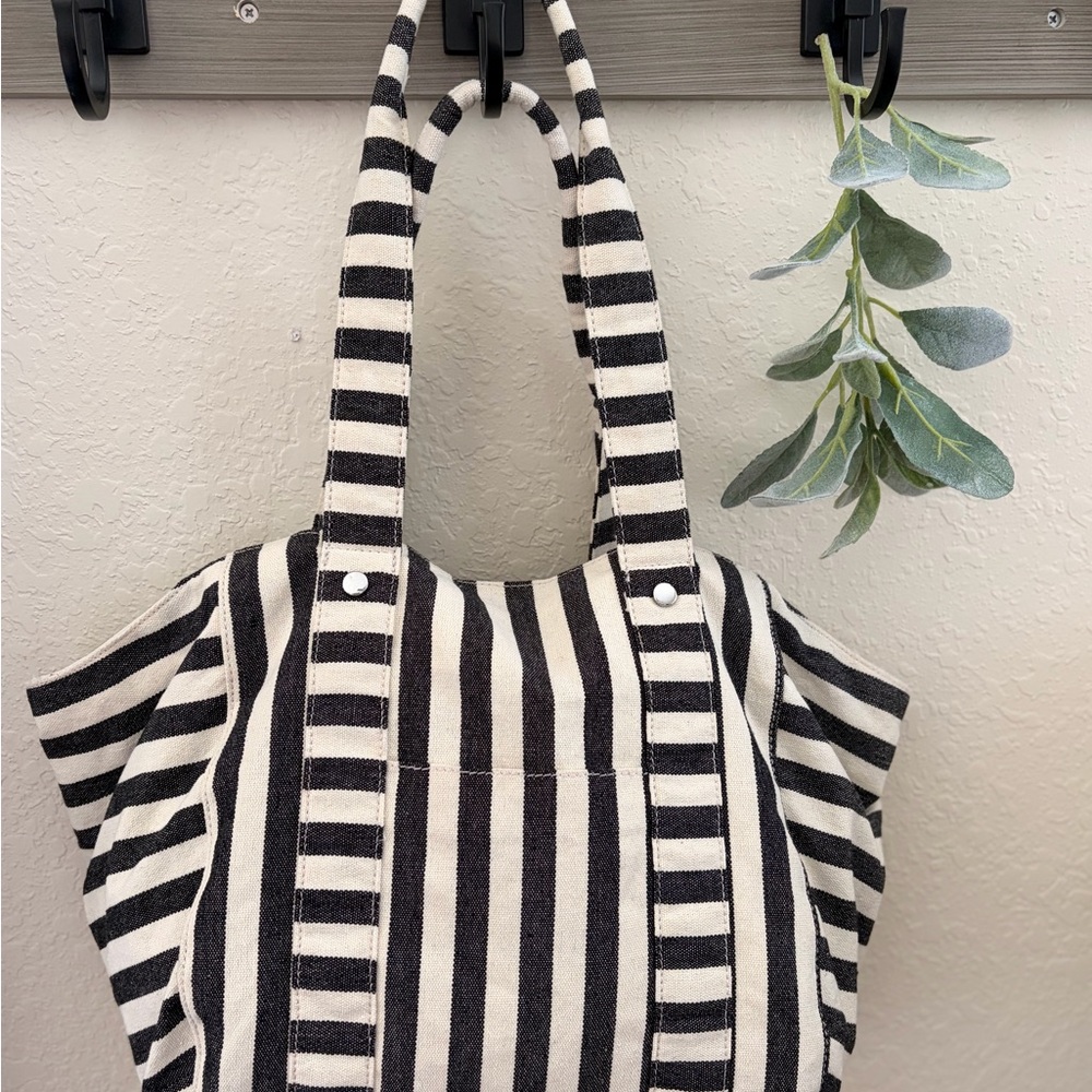 Rae Dunn Black White Striped Canvas Tote Bag Farmhouse Minimalist Shoulder Bag - Picture 2 of 13